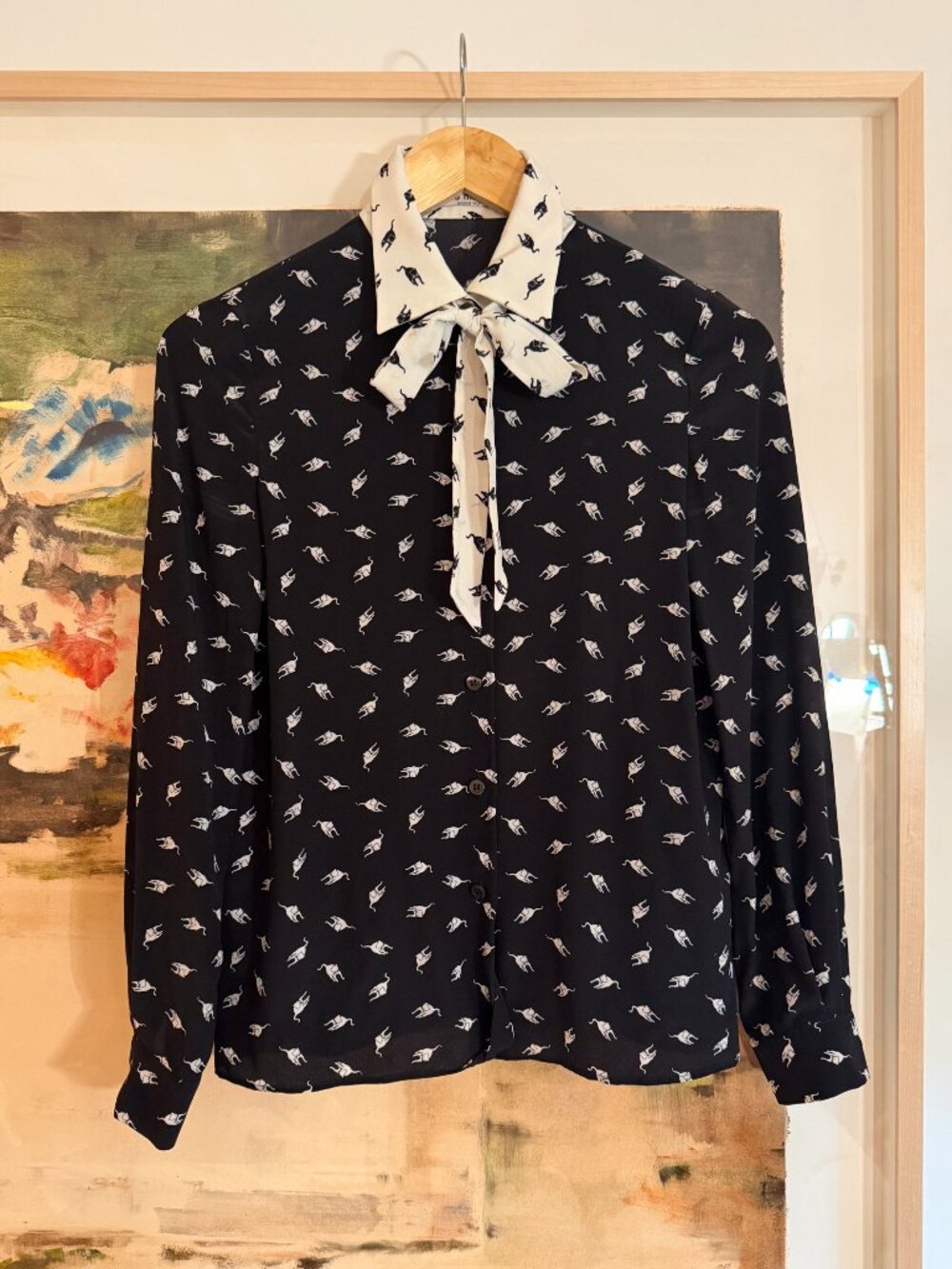 VINTAGE Miu Miu black cat print silk bow blouse